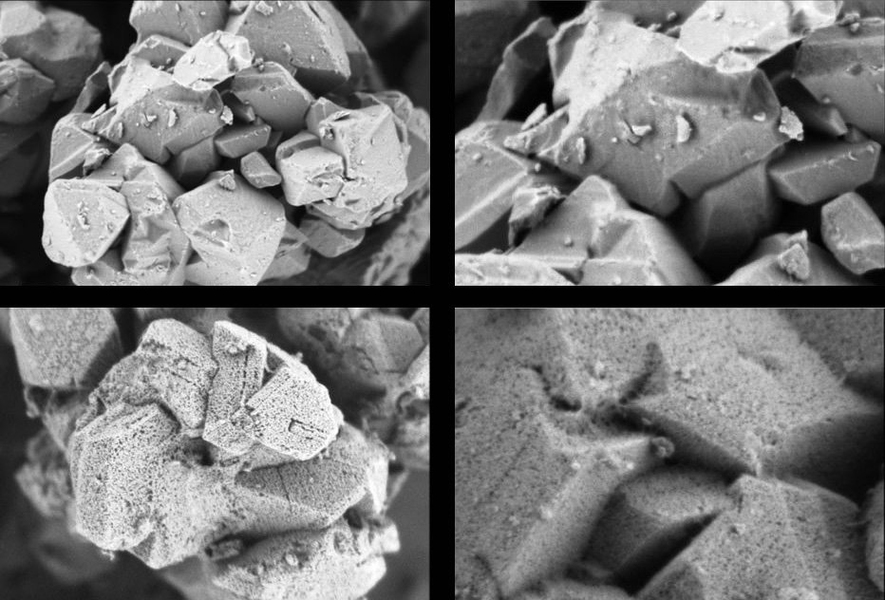 The above image shows (top) two micrographs at different magnifications of a standard "Y Type" zeolite with micropores, and (bottom) two micrographs at different magnifications of the same zeolite that has been given mesopores (much larger holes) through Rive Technology's Molecular Highway product.  