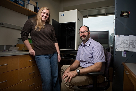 Postdoc Nicole Iverson and Professor Michael Strano in their lab, where they have developed new carbon nanotube sensors that can be implanted under the skin.