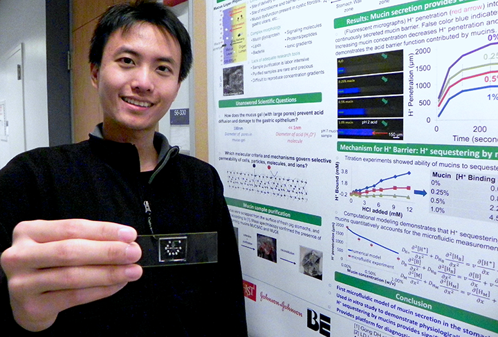 Leon Li holds a microfluidic device used to test how effectively molecules called peptides can pass through a mucus barrier. 