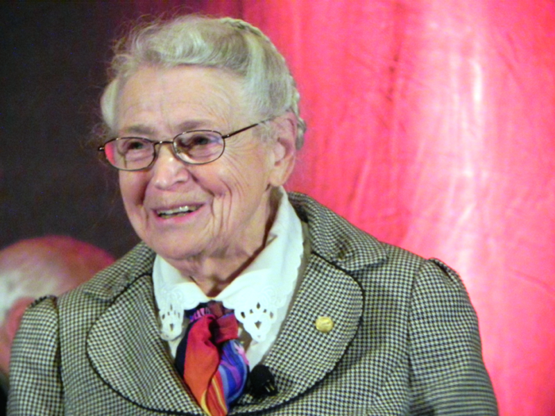 MIT Institute Professor Emeritus Mildred S. Dresselhaus delivers the MRS Von Hippel Award talk on Dec. 4 at the Grand Ballroom of the Sheraton Boston Hotel. 