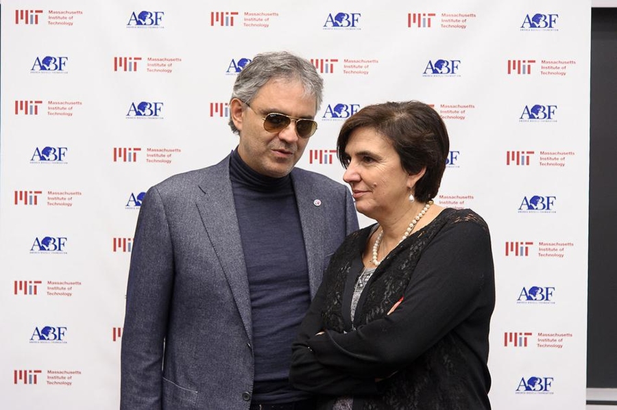 Bocelli speaks with Giarré, his cousin, during the Andrea Bocelli Foundation event at MIT.