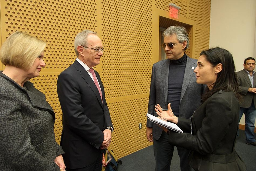MIT President L. Rafael Reif and his wife, Christine, meet with Andrea Bocelli before attending the Break the Barriers workshop. 