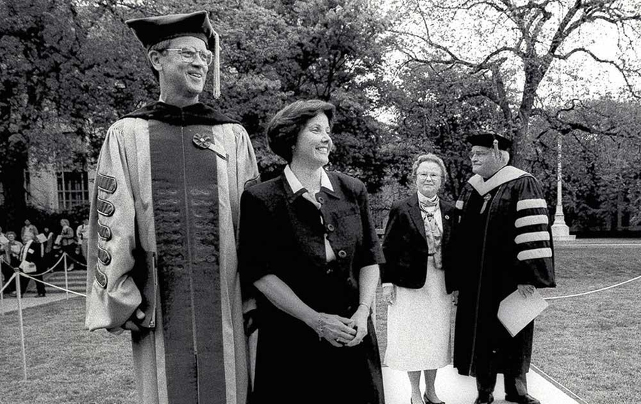 On May 10, 1991, the day of Charles M. Vest's inauguration as MIT's 15th president, Charles and Rebecca Vest look ahead to their life at MIT. In the background are MIT's 14th president, Paul E. Gray, and his wife, Priscilla.