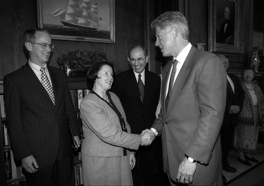Charles M. Vest and his wife, Rebecca, greet President Bill Clinton during his visit to MIT to deliver the 1998 Commencement address. In the background is Alex d'Arbeloff '49, then chairman of the MIT Corporation.