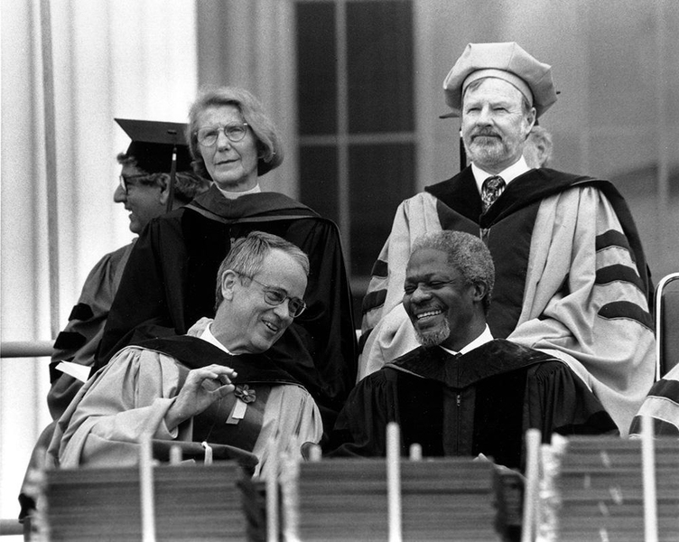 Charles M. Vest shares a laugh with then-UN Secretary General Kofi Annan, who was MIT's Commencement speaker in 1997.