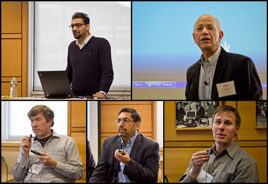 The panel on Funding Strategies was moderated by Siva Narendra, (top left) Co-Founder, CEO of Tyfone, Inc. Members of the panel (clockwise from top right) included Arthur Fox, creator of Royalty-based investment methodology; Stan Reiss, partner, Matrix Partners; Kush Gulati, co-founder, Cambridge Analog Technologies; director Eureka Partners I, LLC; Bril Flint, chairman of Board of Directors, Cent...