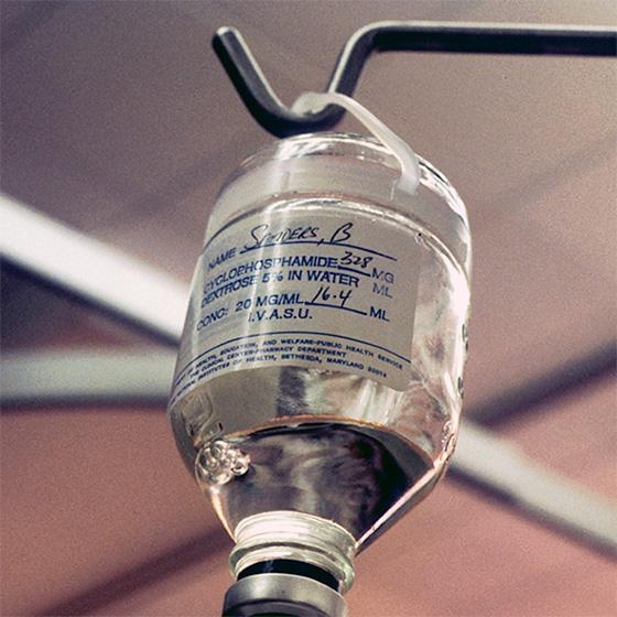 A close-up of an intravenous (IV) bottle with Cyclophosphamide.