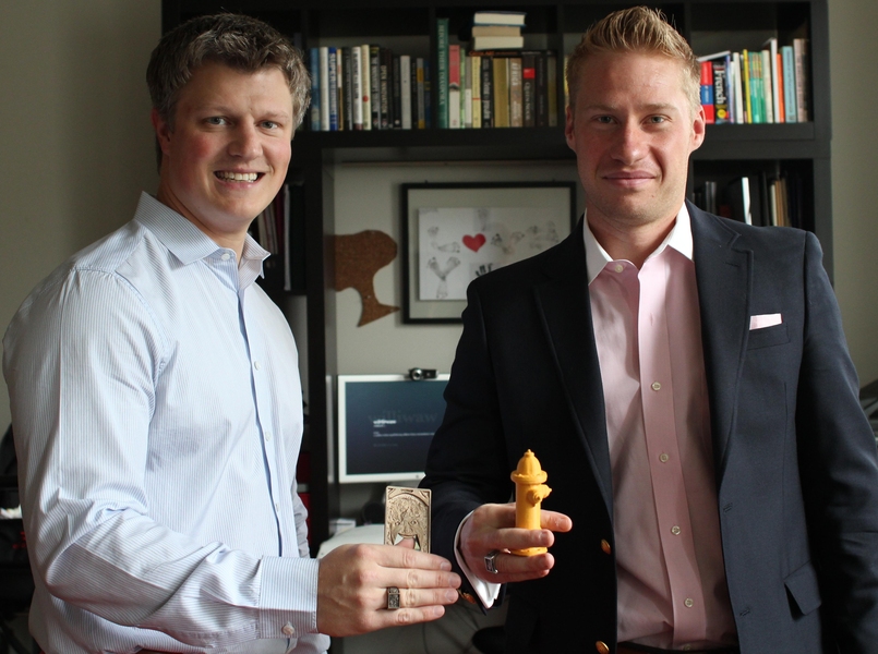 Michael “Ash” Martin (left) and Thomas Milnes shortly before signing the acquisition papers for 3D Systems. 