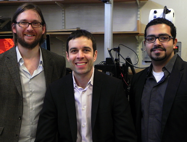 The Mechanosynthesis group includes visiting graduate student Ryan Oliver (left), associate professor of mechanical engineering A. John Hart, and postdoc associate Mostafa Bedewy.