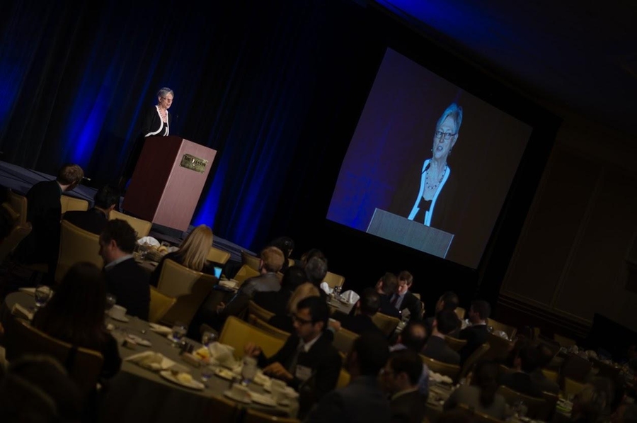 Keynote speaker Maria van der Hoeven, executive director of the International Energy Agency, speaks to the Energy Conference on Saturday.