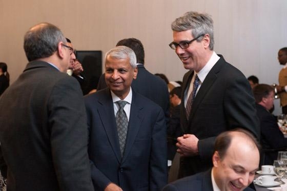 Desh Deshpande (center) confers with Martin Trust Center for MIT Entrepreneurship Managing Director Bill Aulet, Professor Sanjay Sarma, and Associate Dean Vladimir Bulovic (right).