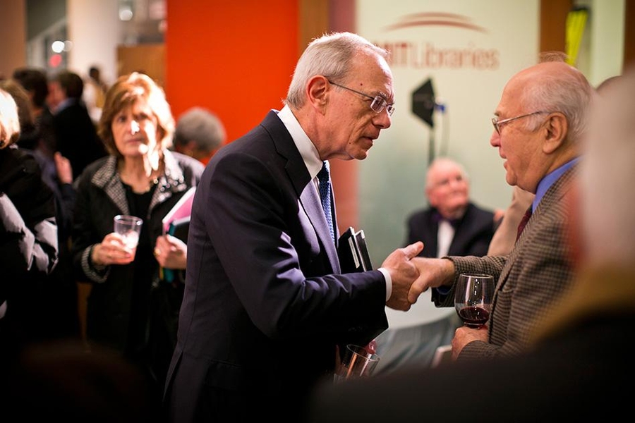 MIT President L. Rafael Reif greets guests at the dedication ceremony for the Charles M. Vest Student Street.