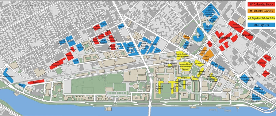 This map of the MIT campus and Kendall Square shows MIT-founded biotech companies (red), MIT-affiliated institutes (orange), MIT departments and institutes (yellow), and other biotech and high-tech companies (blue).