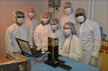 (Left to right) Pratik Davé, MIT AeroAstro masters student and Lincoln Scholar; Andrew "Kit" Kennedy, MIT AeroAstro masters student; Kerri Cahoy, EAPS/ AeroAstro; Meghan Quadrino, MIT AeroAstro master's student; William Blackwell, MIT Lincoln Laboratory; Anne Marinan, MIT AeroAstro PhD student; and Idahosa Osaretin, MIT Lincoln Laboratory. 