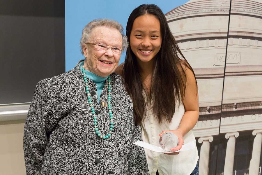 Senior Sherry Fu and Priscilla Gray, wife of former MIT President Paul Gray, after Fu received the Priscilla King Gray Award.
