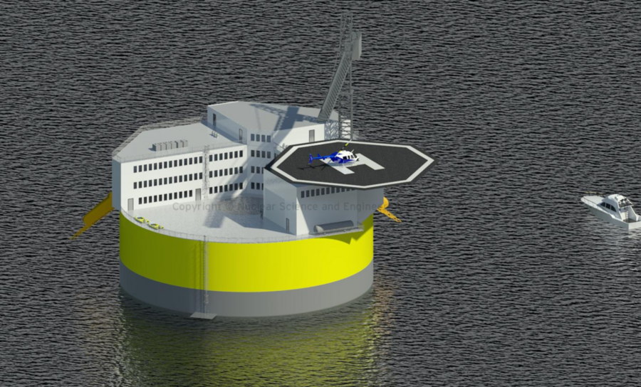 This illustration shows a possible configuration of a floating offshore nuclear plant, based on design work by Jacopo Buongiorno and others at MIT's Department of Nuclear Science and Engineering. Like offshore oil drilling platforms, the structure would include living quarters and a helipad for transportation to the site.