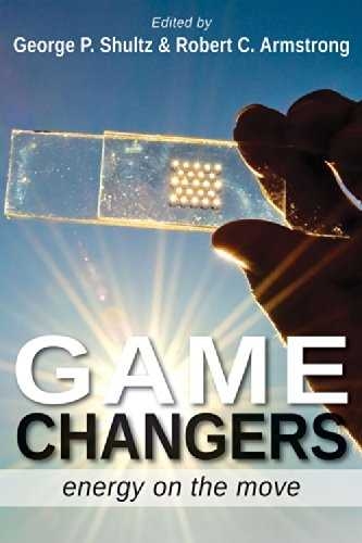 Cover of "Game Changers: Energy on the move" book shows a hand holding a rectangular glass device by sunlight.