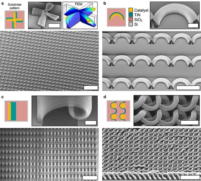 By printing different patterns on the substrate, this technique can produce a wide variety of complex 3-D shapes. In these images, the initial printed pattern is shown in diagram form (top left), followed by scanning electron microscope (SEM) images of the individual resulting carbon nanotube shapes they produce. The main SEM images show an array of those shapes: A, twisted, propeller shapes; B, o...