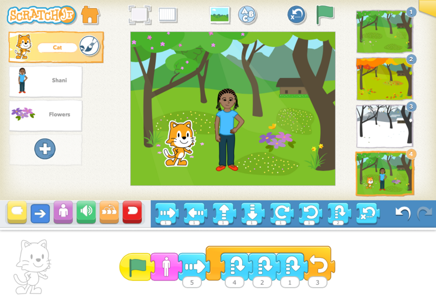 As children create stories with ScratchJr, they use math and language in a motivating context, supporting the development of early numeracy and literacy.
