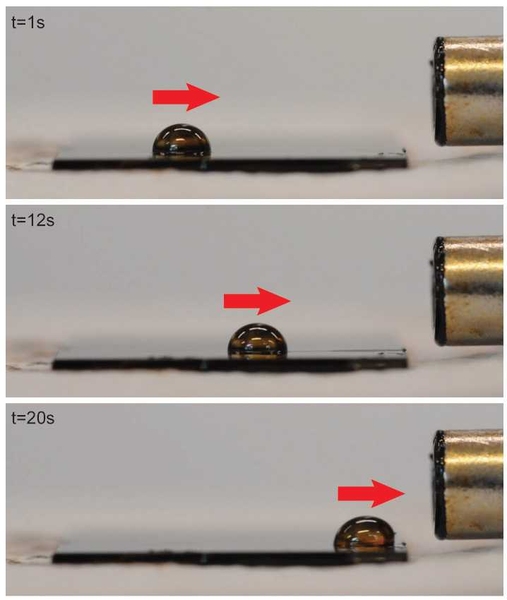 When exposed to a magnetic field (magnet is seen at far right), the droplet is pulled toward the magnet by its thin cloak of ferrofluid, even though the droplet itself is not magnetic.
