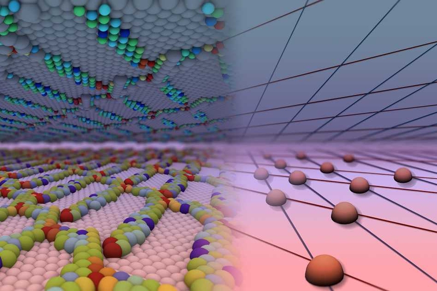 Interfaces between solid materials are surfaces with intricate, internal structure (shown on the left). To control that structure, and to use it for specific applications, researchers model it a simplified way (shown on the right).