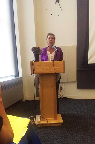 Malia Lazu delivers the keynote speech at the MIT community gathering to discuss events in Ferguson, Mo.