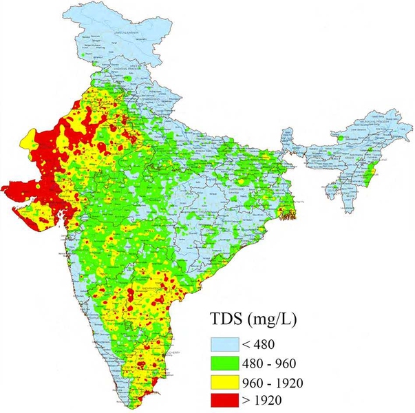 This map shows the salinity levels of the groundwater underlying India. Although the salinity levels found in most of this water is much lower than that of seawater and has little immediate effects on health, they can have long-term impact. The salinity can make the taste of the water so unpleasant that people will often opt to use surface water instead, even if surface water has more serious path...