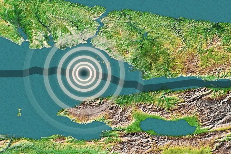 This map of Turkey shows the artists' interpretation of the North Anatolian Fault (blue line) and the possible site of an earthquake (white lines) that could strike beneath the Sea of Marmara.