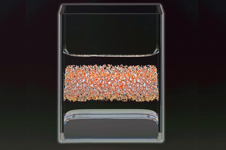 A physical model of the liquid metal battery at room temperature, in a glass container. The bottom layer is the positive electrode. In the real battery this is an alloy of antimony and lead, represented here by mercury. The middle layer is the electrolyte — in reality, a mixed molten salt; here, a solution of salt in water. The top layer is the current collector of the negative electrode, a meta...