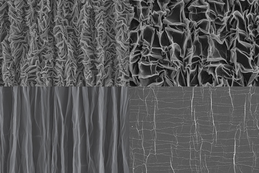 Four grayscale electron microscope images of graphene. Top right, graphene in a partially crumpled state. Bottom right, a piece that has been crumpled and then flattened out. Top left: chaotic crumpled pattern. Bottom left: graphene folded into pleats.