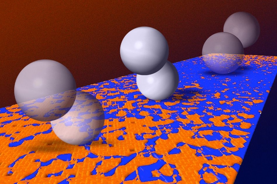 This diagram represents the way microwalkers — created by an MIT team and made up of a pair of paramagnetic beads — can tumble across a surface under the influence of a rotating magnetic field. They tumble until they find areas where friction is greatest — due to higher concentrations of biological receptors — without any advance knowledge of where those areas may be. (Blue represents lo...