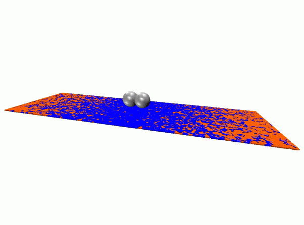 This animation shows micro walkers tumbling across a surface, under the influence of a rotating magnetic field, until they find areas where friction is highest (represented by the orange area). (Enlarge to see animation.)