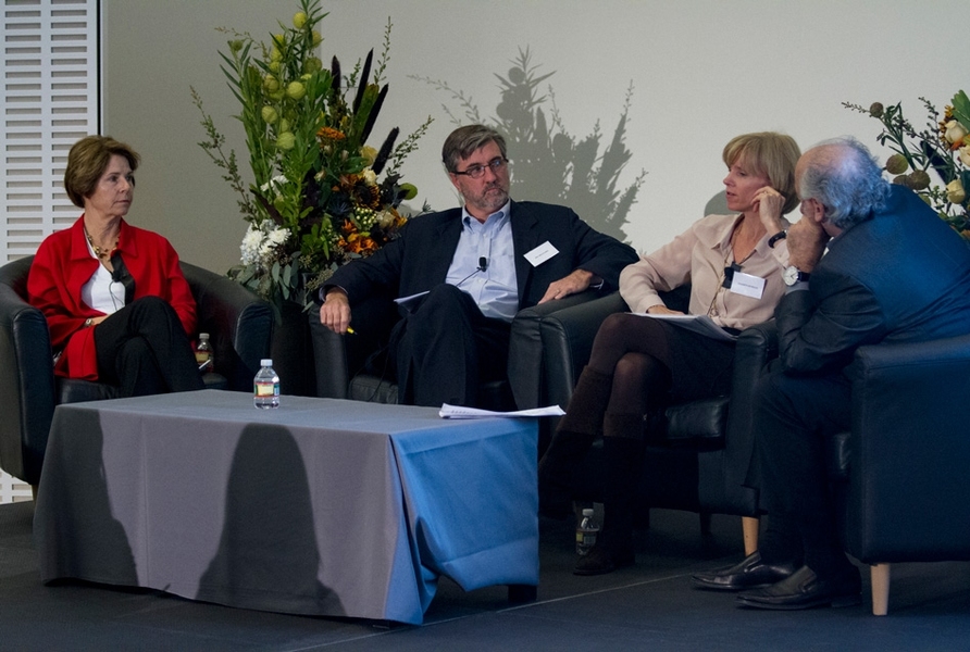 (Left to right): Amy Glasmeier; Neil McCullagh, executive director of the American City Coalition; Elisabeth Reynolds, executive director of the MIT Industrial Performance Center; and Dennis Frenchman, the Leventhal Professor of Urban Design and Planning.