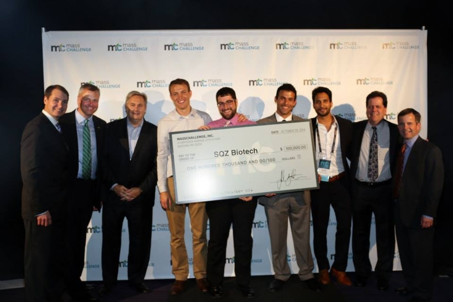 SQZ Biotech, winner of a $100,000 MassChallenge grand prize, includes MIT alumni Jonathan Gilbert (fourth from left), Harrison Bralower (fifth from left), Armon Sharei (sixth from left), and Agustin Lopez Martinez (seventh from left). 
