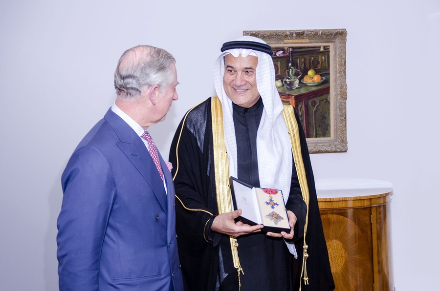 Prince Charles presents Mohammed Abdul Latif Jameel ’78 with an honorary knighthood in an investiture ceremony held at the British Embassy in Riyadh, Saudi Arabia, on Feb. 12, 2015. Speaking after the investiture, Jameel said: “It is a great honor to have received this award from His Royal Highness The Prince of Wales. I would like to thank my family, my colleagues at Abdul Latif Jameel Commun...
