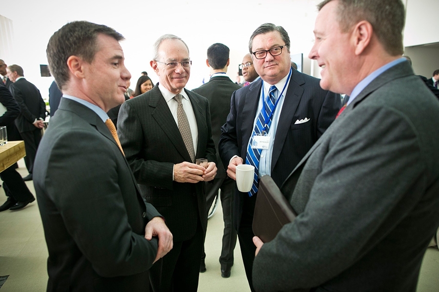 (Left to right) Israel Ruiz, MIT executive vice president and treasurer; MIT President L. Rafael Reif; Bob Reynolds, CEO of Putnam Investments; and Scott Blackmun, CEO of the United States Olympic Committee (USOC).
