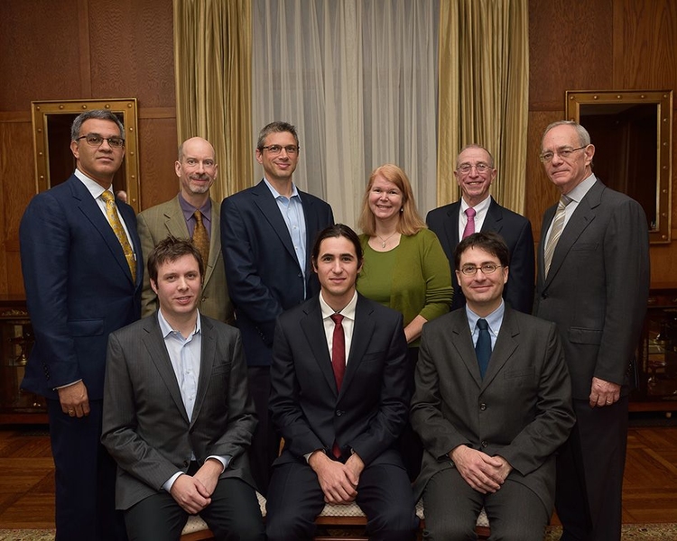 (Back row, left to right) Vanu Bose, ’87, SM ’94, PhD ’99, son of Amar Bose; Earl Miller, the Picower Professor of Neuroscience; Jeff Grossman, an associate professor of materials science and engineering; Janet Conrad, a professor of physics; Alan Oppenheim, the Ford Professor of Engineering; and President L. Rafael Reif; and (front row, left to right) Joel Voldman, a professor of electr...