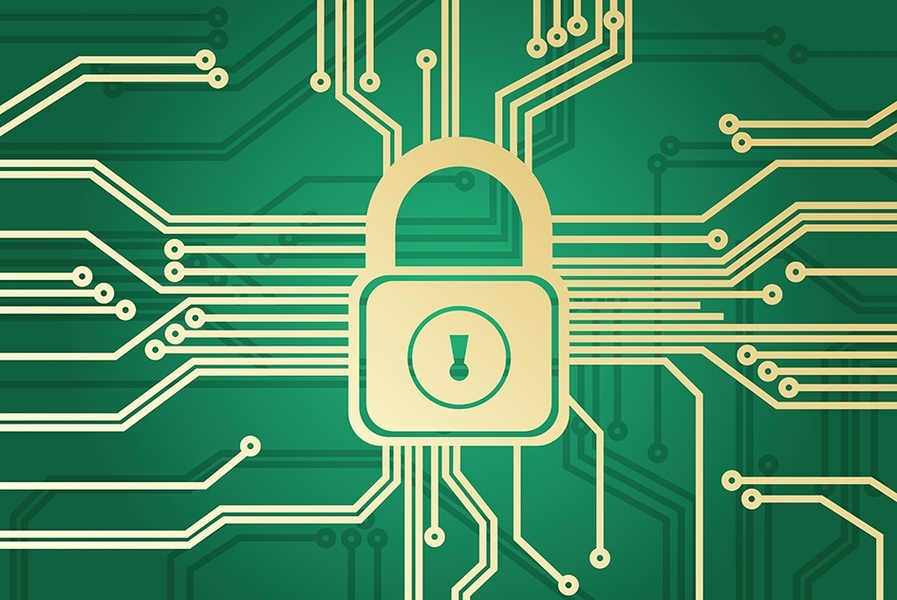 Illustration featuring a lock in the middle of a computer chip