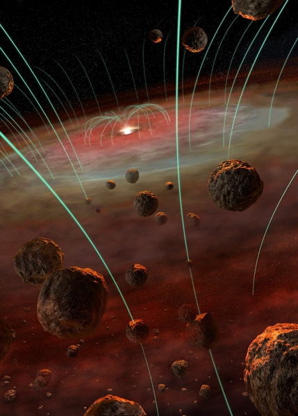 Artist depiction of a protoplanetary disk consisting of a central star surrounded by a gas cloud permeated by magnetic fields. Objects in the foregrounds are millimeter-sized rock pellets known as chondrules, which are the subjects of this study.