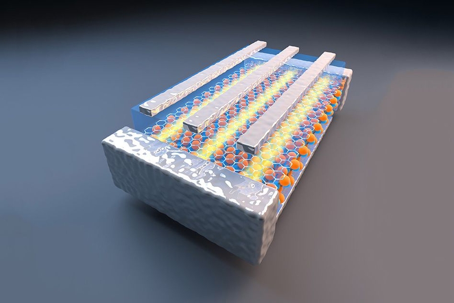 This diagram illustrates the concept behind the MIT team’s vision of a new kind of electronic device based on 2-D materials. The 2-D material is at the middle of a layered “sandwich," with layers of another material, boron nitride, at top and bottom (shown in gray). When an electric field is applied to the material, by way of the rectangular areas at top, it switches the quantum state of the m...