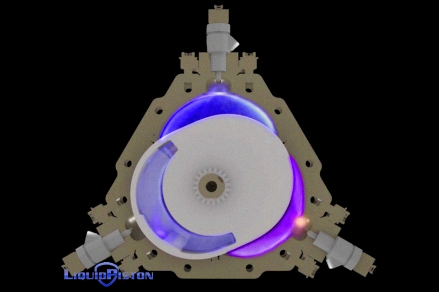 In the X Mini, an oval rotor orbits a rounded triangular housing, creating three combustion chambers. Asymmetrical location of intake and exhaust ports on the rotor allows for overexpansion (shown in purple), where the engine has more time to extract energy from the fuel. It also accommodates constant volume combustion, where compressed gas is held in the chamber for an extended period (shown in b...