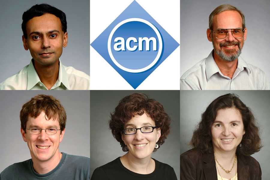 Five members of MIT CSAIL have been honored as 2014 ACM fellows. Clockwise from top left: Srini Devadas, Eric Grimson, Daniela Rus, Ronitt Rubinfeld, and Robert Morries.