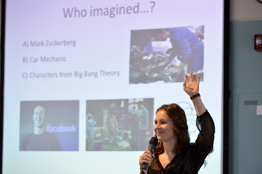 Workshop organizer Kristen Railey leads an interactive exercise in which she attempts to rid girls of their cultural misconceptions and stereotypes regarding engineers. 