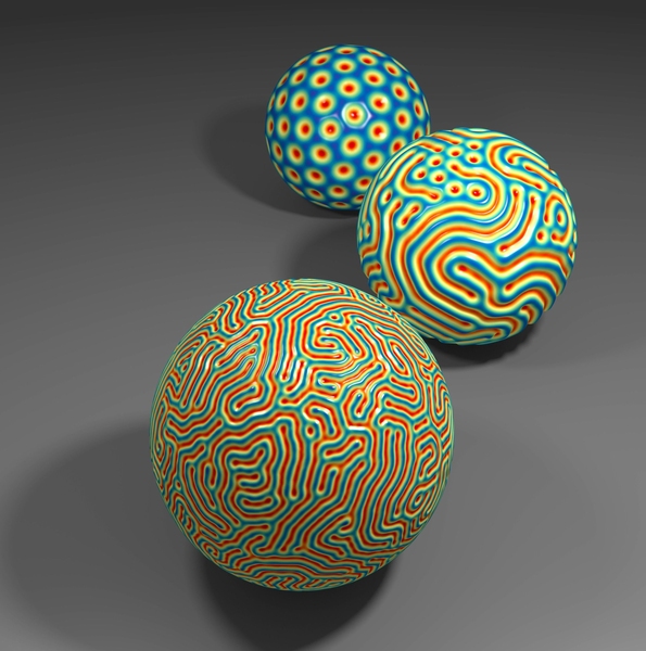 Depending on an object's curvature, its pattern can change from hexagons (background) to labyrinths (foreground), or a transitional state (middle). 