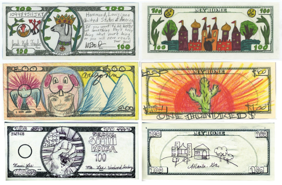 Fundreds, hand-drawn interpretations of hundred-dollar bills, are a key part of the community art project, Operation Paydirt. 