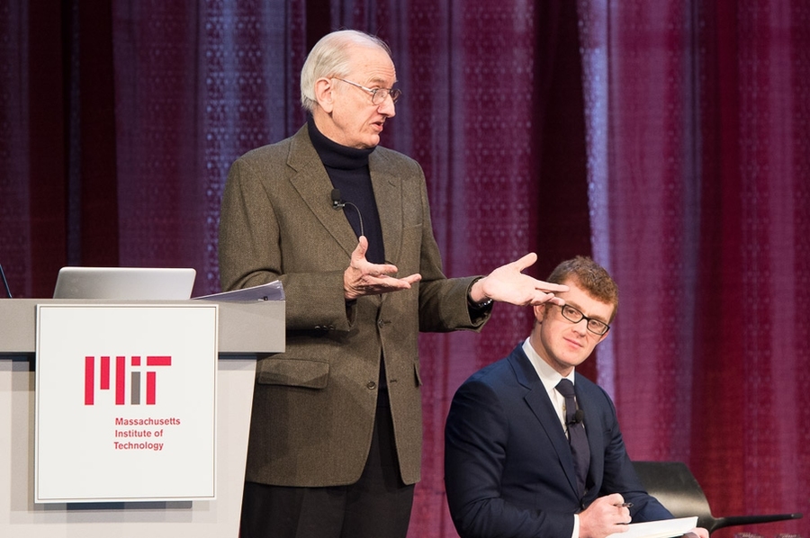 Henry "Jake" Jacoby, a professor emeritus and former co-director of the Joint Center on the Science and Policy of Global Change, summarized the projected effects of global warming on MIT and the Boston area, in a panel discussion led by Francis O'Sullivan (right).