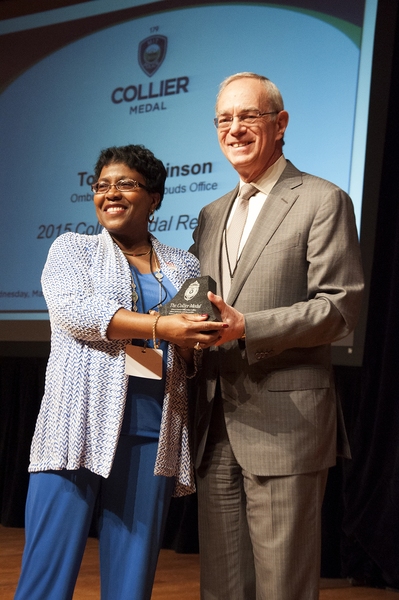 President L. Rafael Reif presents Toni Robinson with the 2015 Collier Medal.