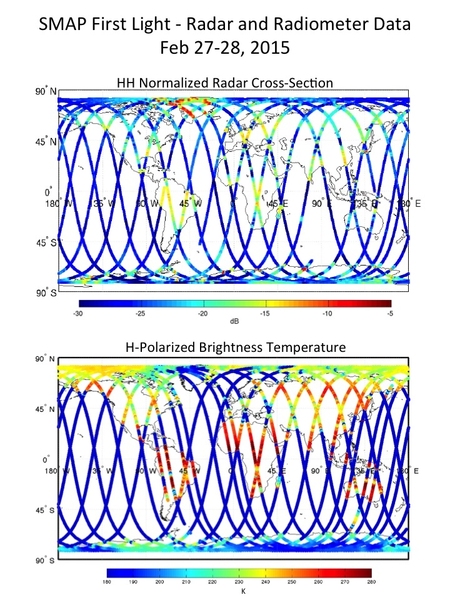 First image from a test of the radar instrument on NASA's Soil Moisture Active Passive (SMAP) satellite Feb. 27-28. The test was performed with SMAP's antenna in a non-spinning mode, which limits measurement swath widths to 40 kilometers (25 miles).