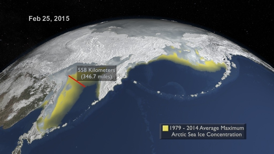 Here the 2015 maximum is compared to the 1979 to 2014 average maximum (shown in yellow). A distance indicator shows the difference between the two in the Sea of Okhotsk north of Japan.