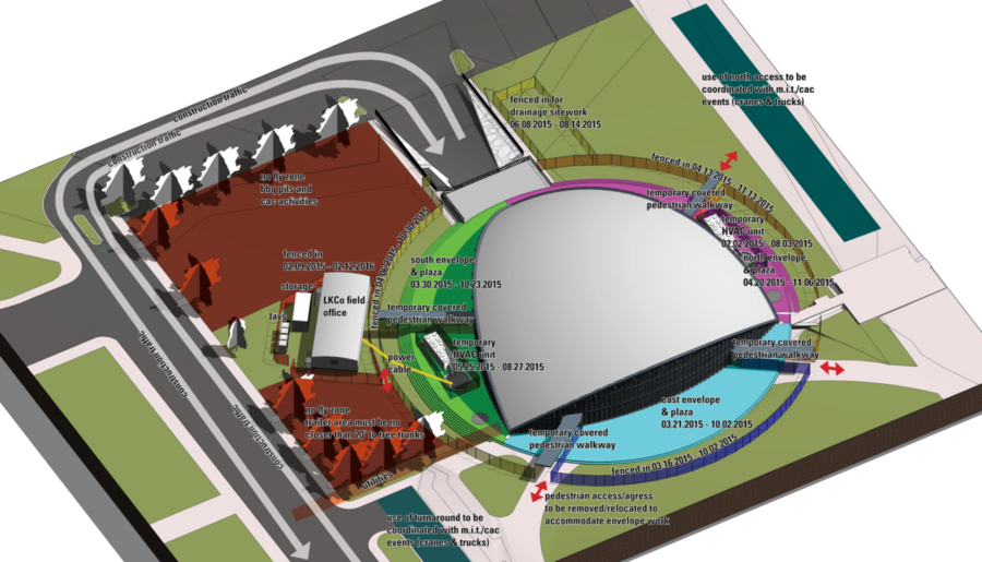 The site logistics plan for Kresge shows temporary measures — such as covered pedestrian walkways — that will allow the building to the stay open during construction.